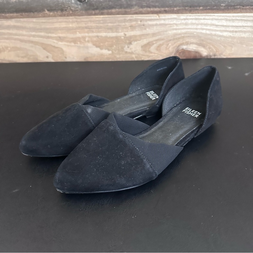 Eileen Fisher Women’s Black Suede Slip On d’Orsay Flats Size 7 Pointed Toe Luxe